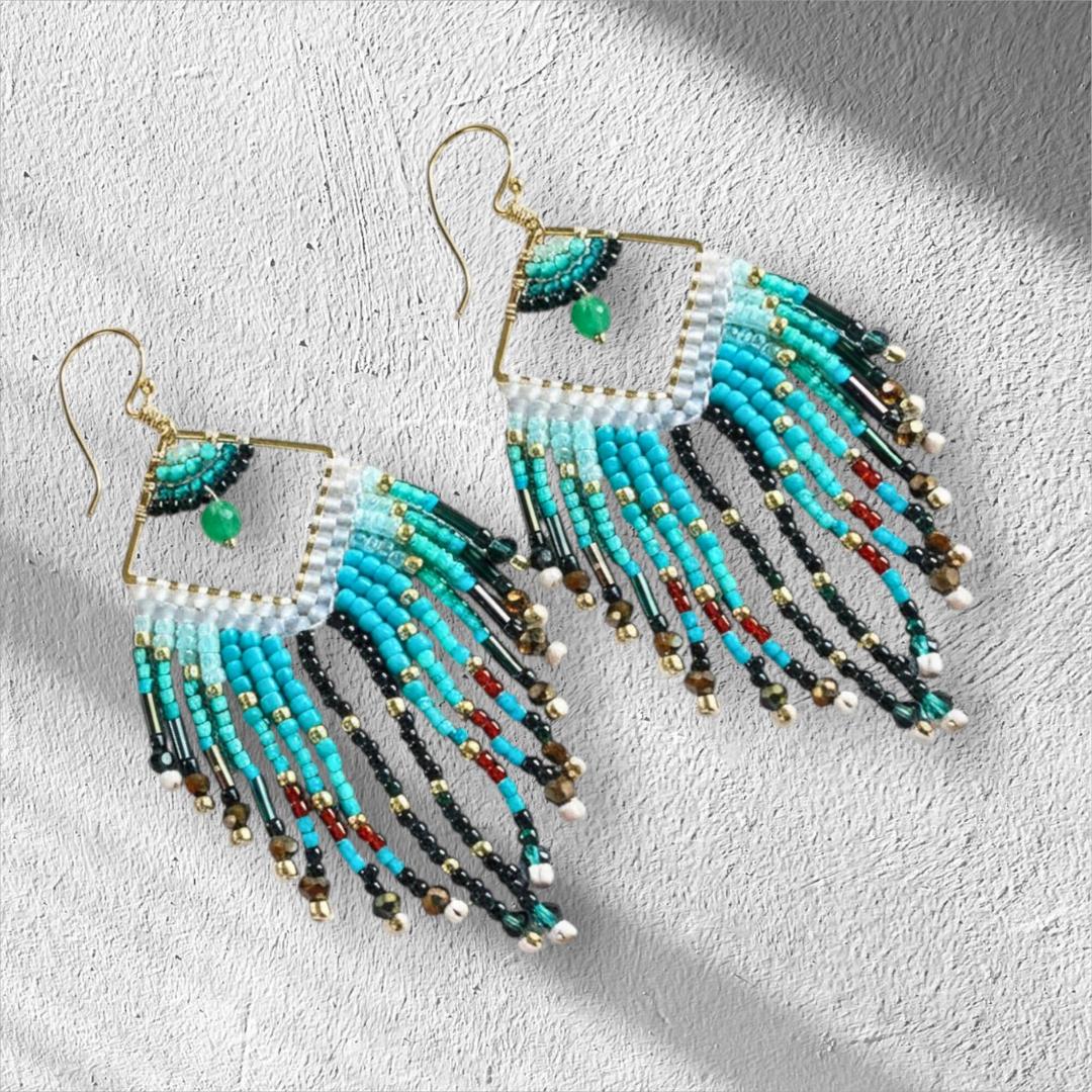 Turquoise Fringe Earrings Boho – Seed Bead Statement – Long Beaded – Festival Jewelry Gift for Her