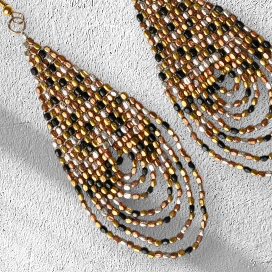 Rose Gold Beaded Dangling Earrings: Handmade Statement Jewelry, Metalic art deco, jewelry gifts