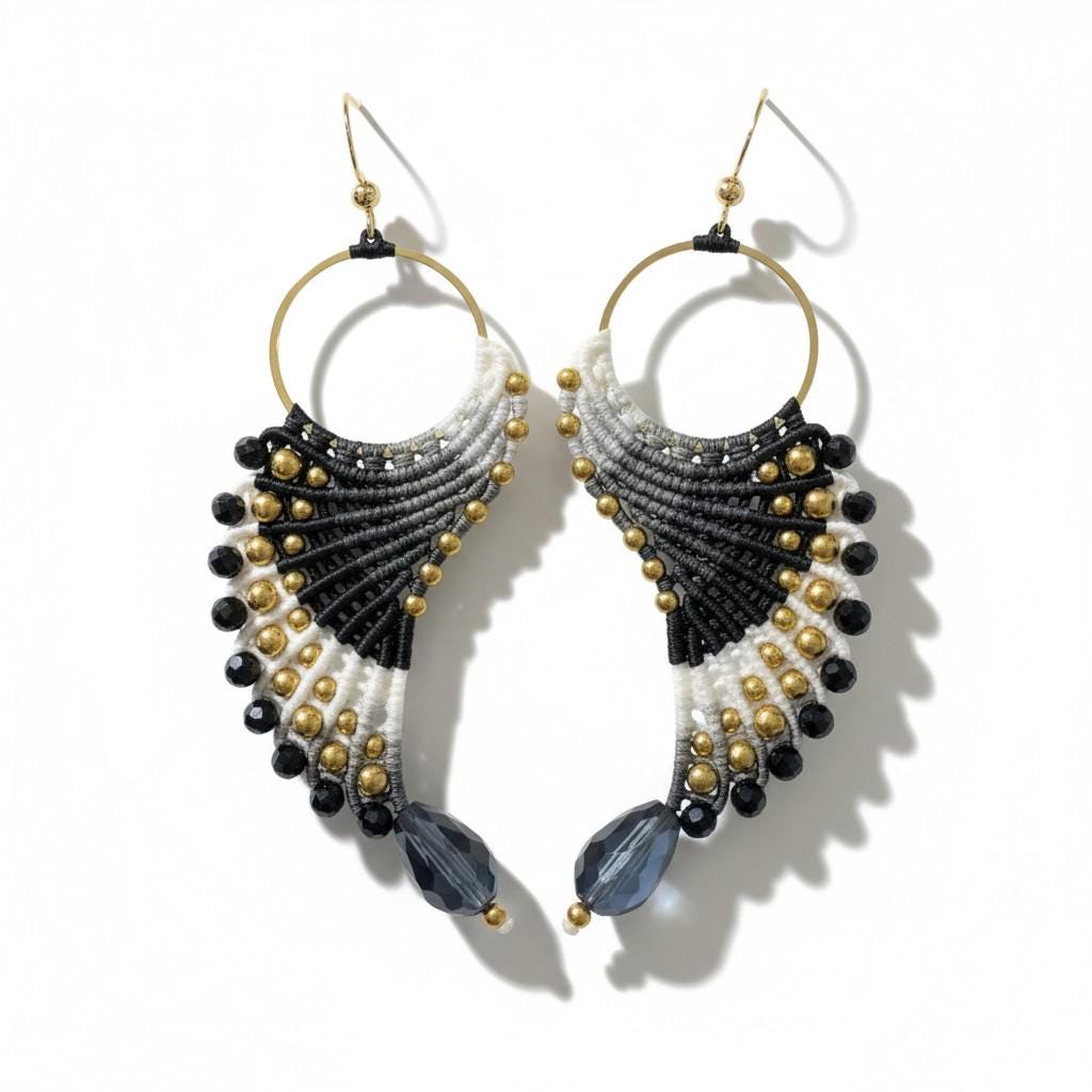 Black Micromacrame and Seed Bead Bird Angel Wings Earrings - Bohemian Handmade Jewelry Gifts