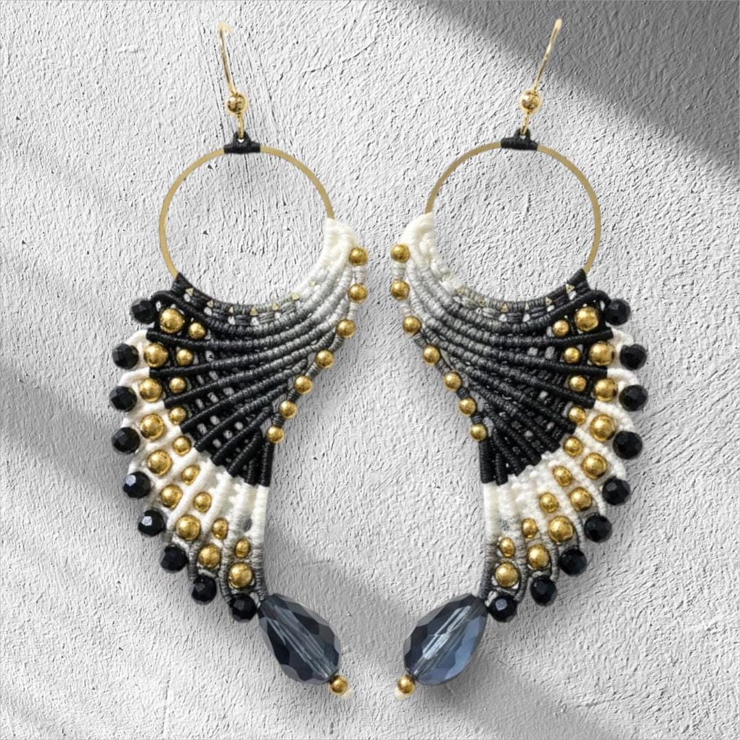 Black Micromacrame and Seed Bead Bird Angel Wings Earrings - Bohemian Handmade Jewelry Gifts