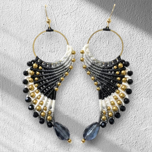 Black Micromacrame and Seed Bead Bird Angel Wings Earrings - Bohemian Handmade Jewelry Gifts