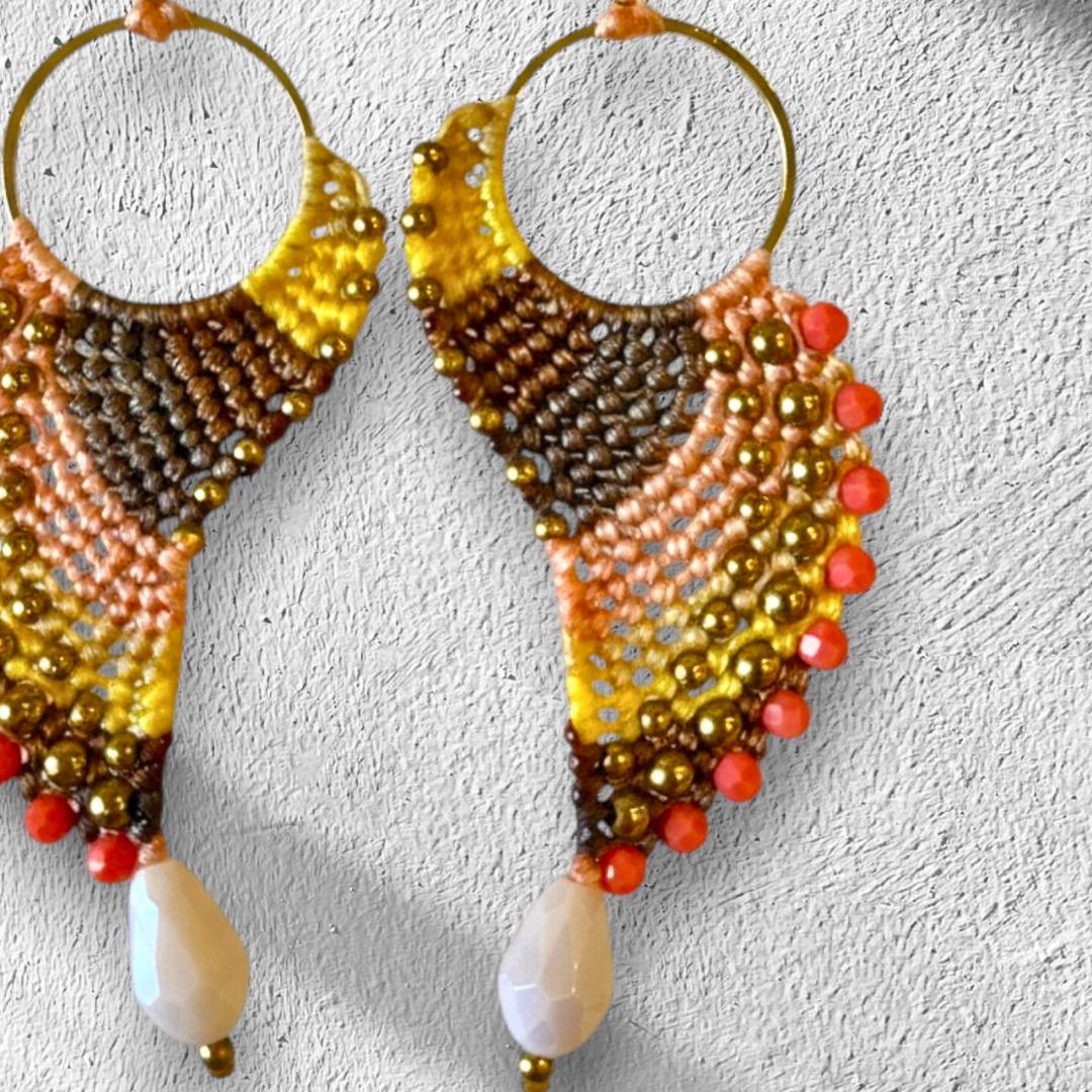Seed Bead & Micromacrame Bird Angel Wings Earrings - Bohemian Handmade Jewelry Gifts - Fall Colours