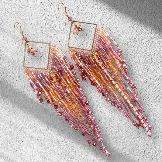 Beaded Fringe Earrings: Boho Seed Bead Bird Wing feather style in pink, lilac and gold aztec design.  Statement earrings for festivals, Christmas earrings and handmade holiday jewelry gift for her.
