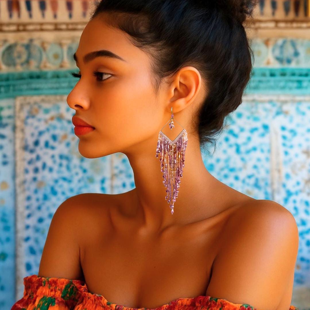 Fringe Earrings Boho – Seed Bead Statement Earrings – Long Beaded – Festival Jewelry Gift for Her