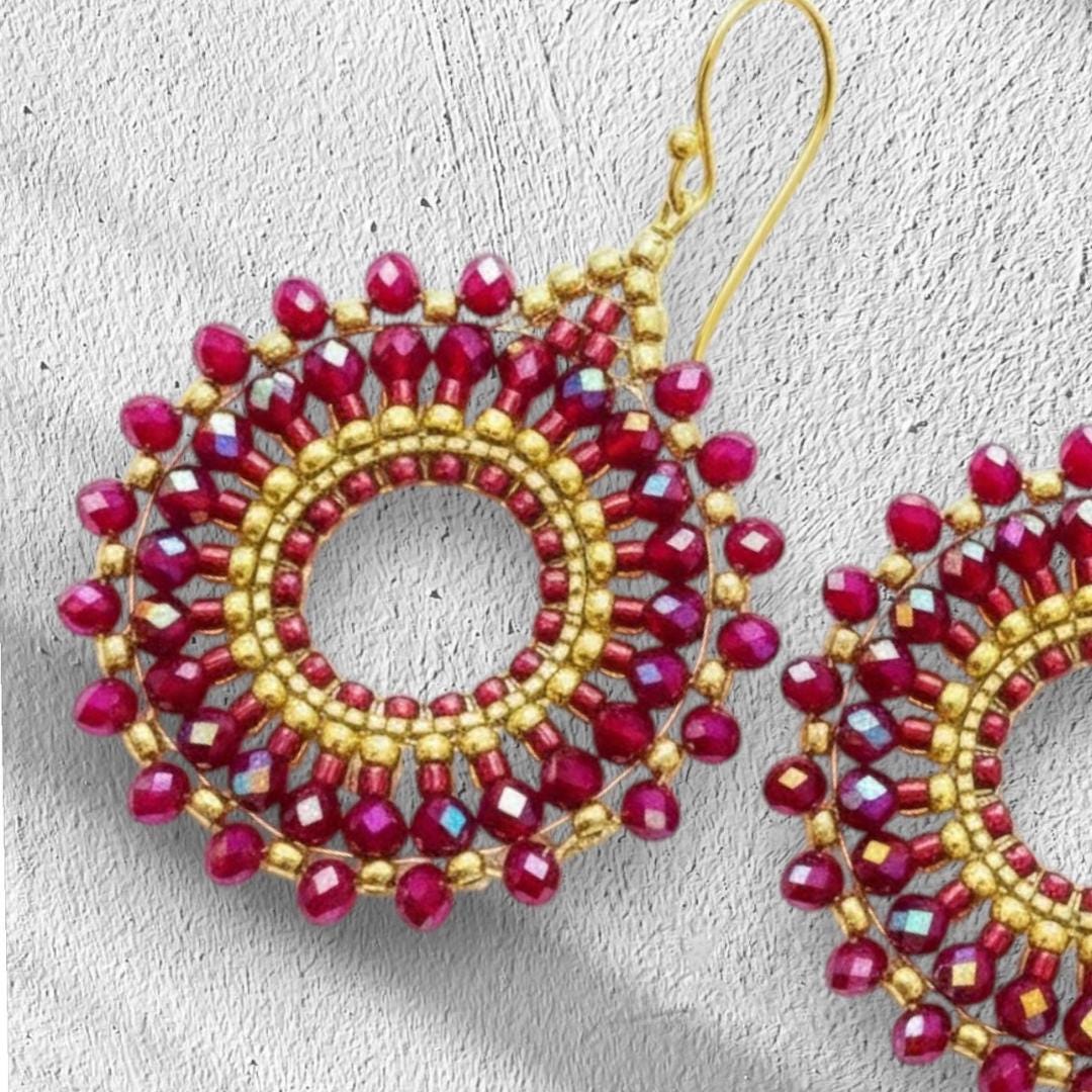 Red Seed Bead Earrings: Boho Dangle, festive party hoops - jewelry gifts for her