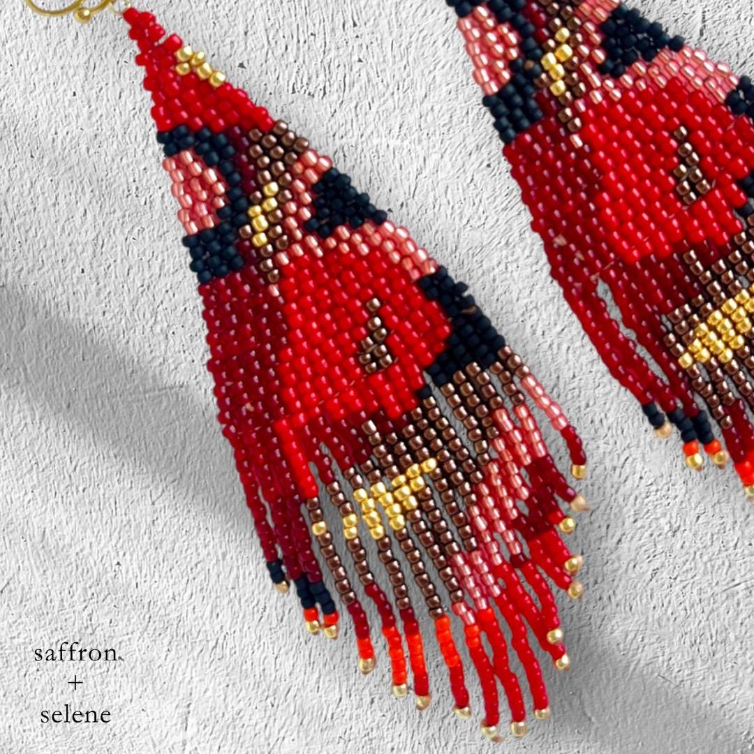 Boho Designer Fringe Dangles, entirely handmade in red and gold glass seed beads, great for Christmas earrings or jewelry gift for her and boho holiday gift idea.