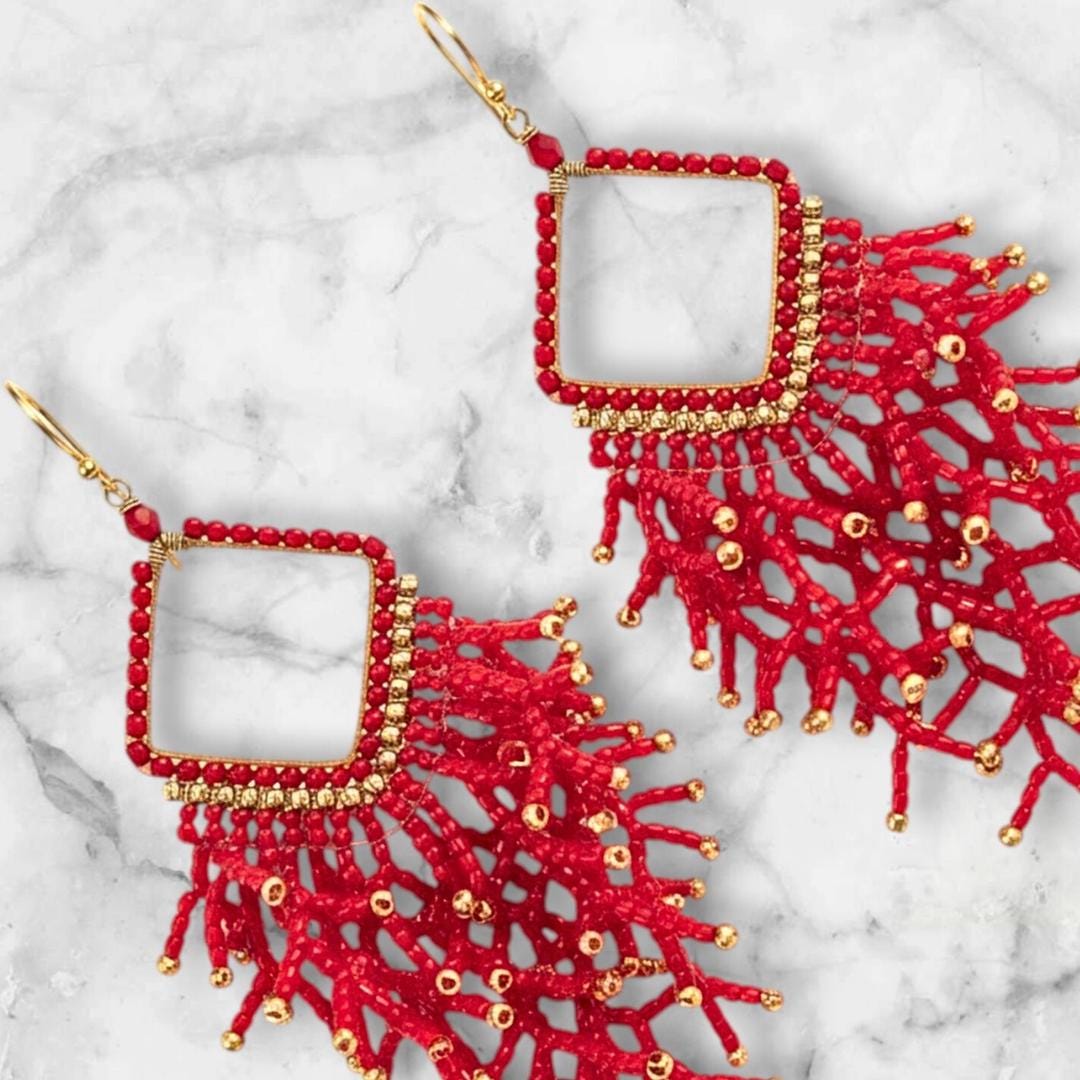 Holiday Jewelry Gifts for Women - Red and Gold dangle earrings, handmade with japanese seed beads and gold plated hooks and frame.