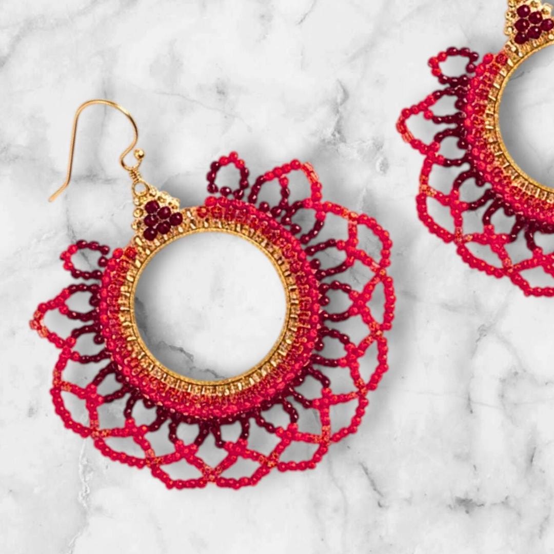 Handmade Red Seed Bead Earrings: Boho Dangle Jewelry for Christmas jewelry gifts for her  and festive holiday parties
