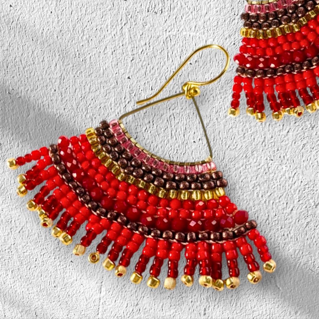 Red Fringe Earrings: Seed Bead Statement Jewelry - Handmade Boho Holiday Jewelry Gifts for women
