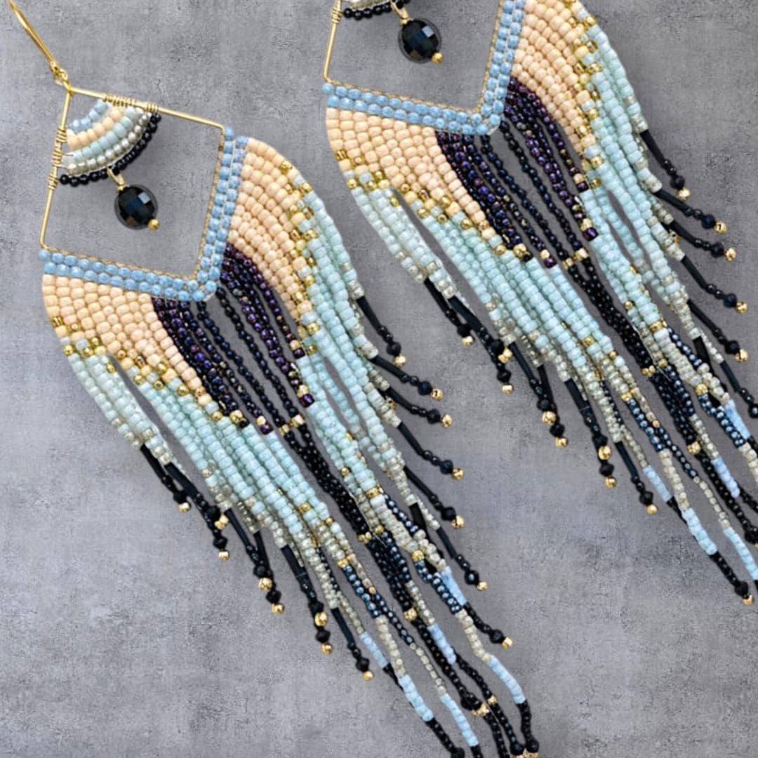 Boho Fringe Earrings Beaded Statement Neutral Gold Black Dangle