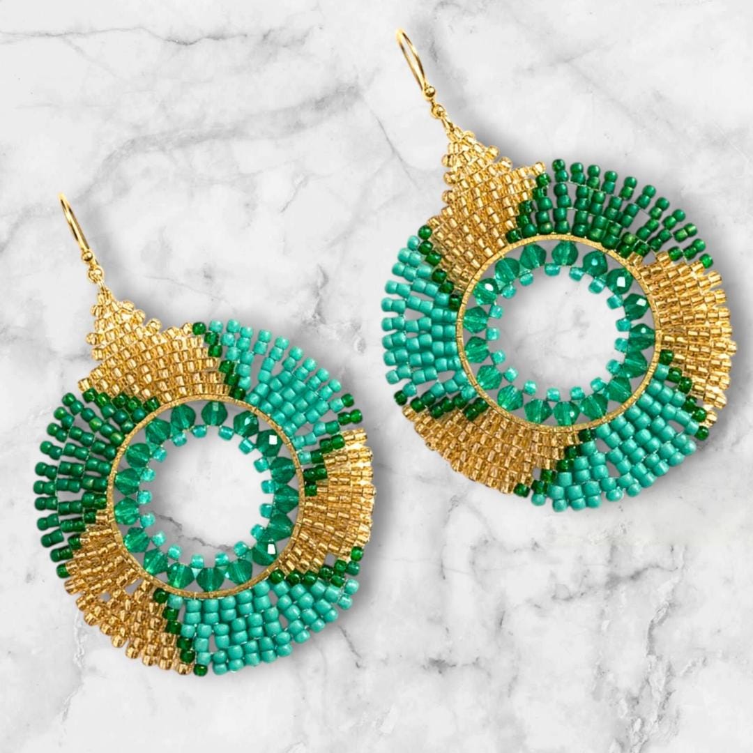 Gold & Green Seed Bead Earrings: Handmade Boho Dangle Jewelry for Christmas parties and holiday jewelry gifts for her.