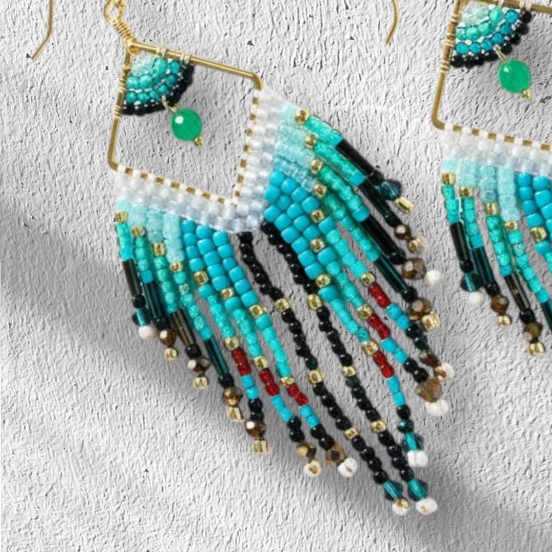 Turquoise Fringe Earrings Boho – Seed Bead Statement – Long Beaded – Festival Jewelry Gift for Her