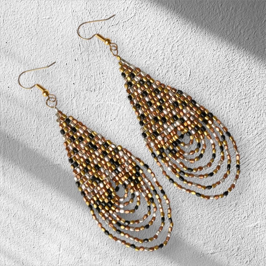 Rose Gold Beaded Dangling Earrings: Handmade Statement Jewelry, Metalic art deco, jewelry gifts