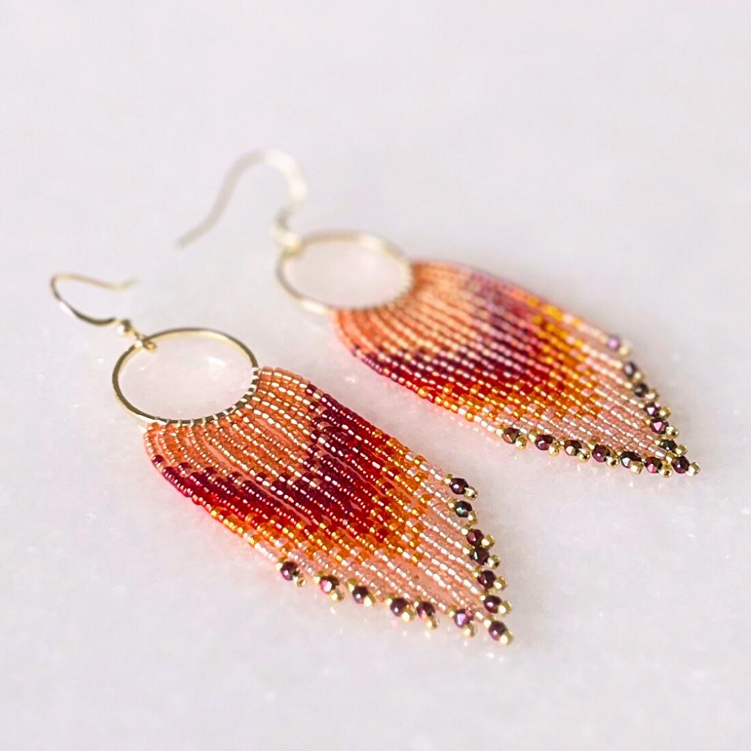 Peach Fringe Earrings Boho Statement Handmade Beaded Drop Dangle Gift for Her