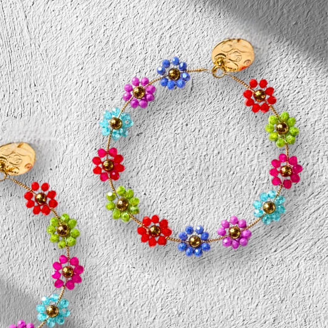 Hoop Earrings Boho - Handmade seed bead bright coloured flowers - Jewelry Gifts for her