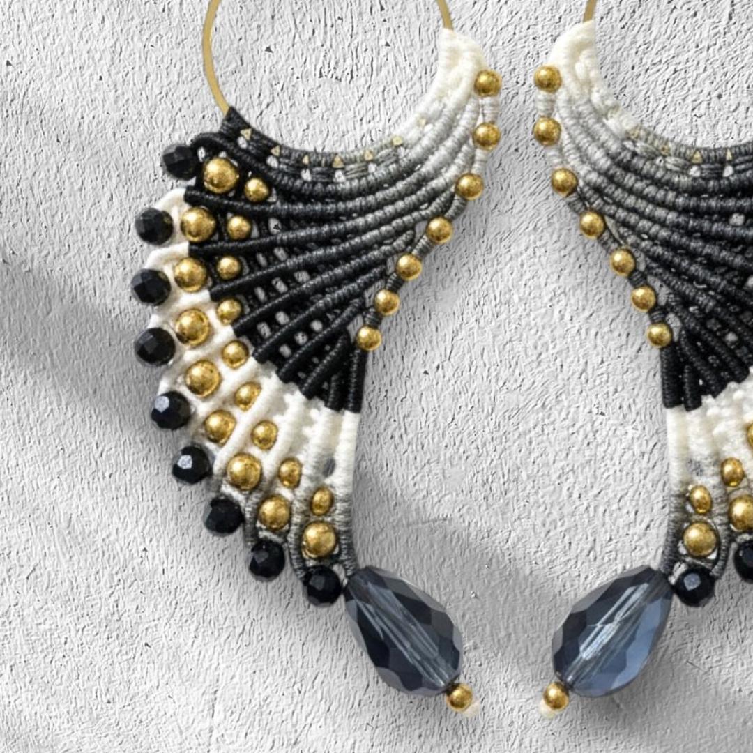 Black Micromacrame and Seed Bead Bird Angel Wings Earrings - Bohemian Handmade Jewelry Gifts