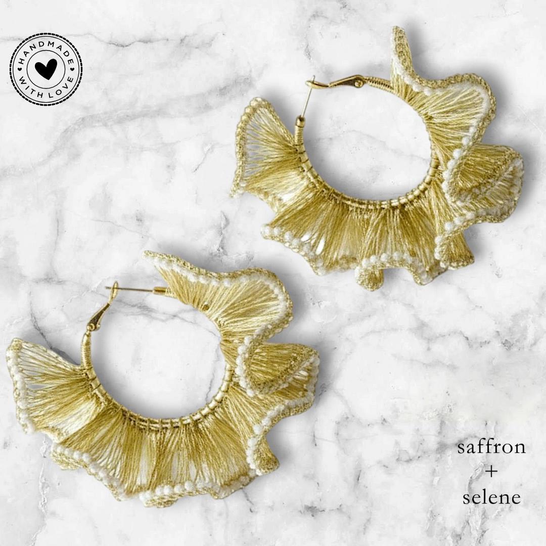 Handmade Gold Frill Hoop Earrings – Holiday & Christmas Jewelry Gift for Her – Festive Party Earrings