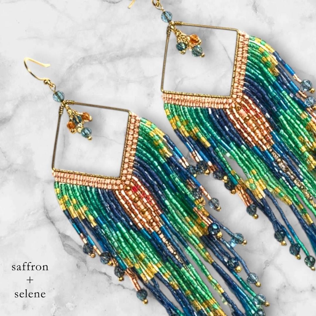 Turquoise Fringe Earrings Boho Statement Handmade Beaded Drop Dangle Gift for Her