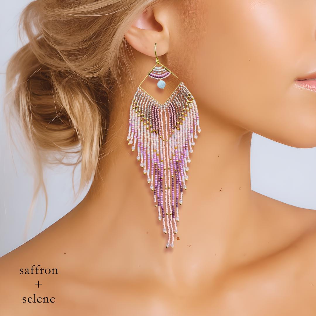 Handmade Pink Lilac Seed Bead Fringe Earrings – 4-Inch Statement Dangle Jewelry
