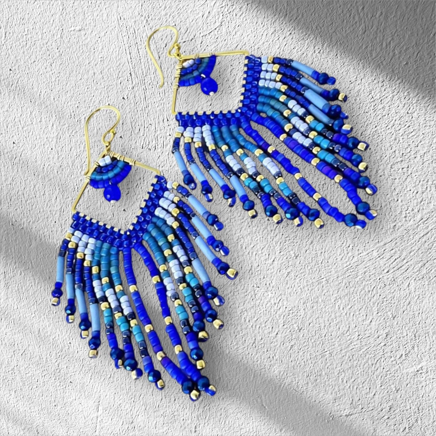 Blue Beaded Fringe Statement Earrings: Lapis Azure blue, turquoise Boho Aztec feather dangle design