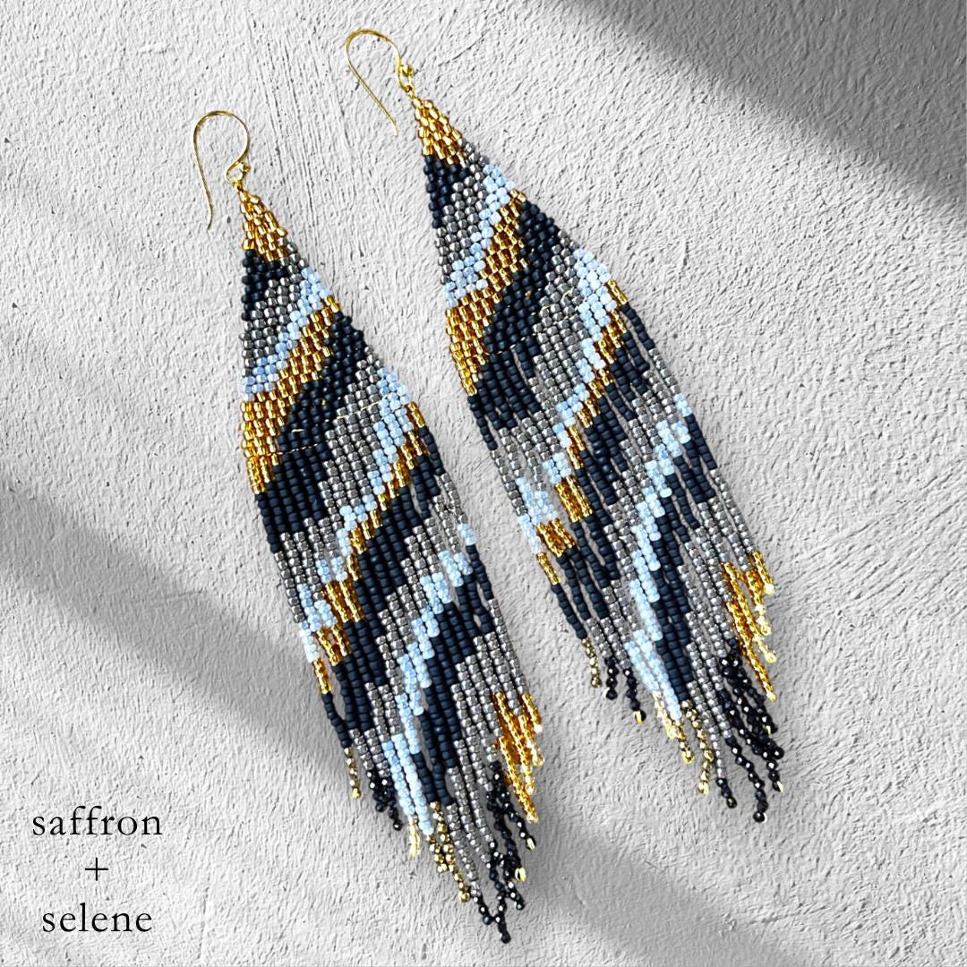 Black Gold Fringe Earrings Statement Beaded Animal Print Long Dangle Gift