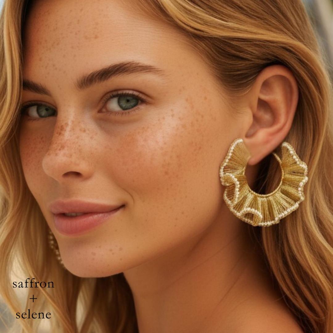Handmade Gold Frill Hoop Earrings – Holiday & Christmas Jewelry Gift for Her – Festive Party Earrings