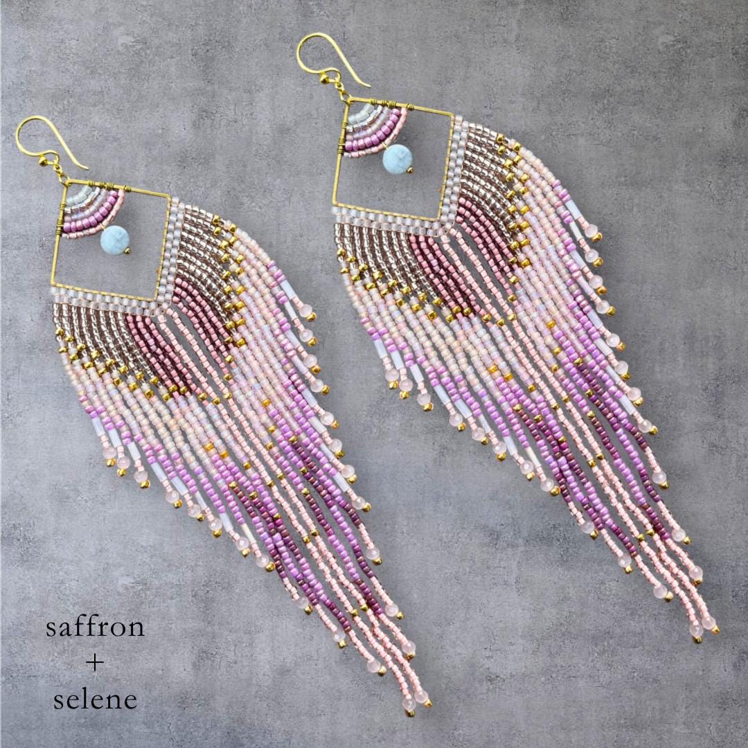Handmade Pink Lilac Seed Bead Fringe Earrings – 4-Inch Statement Dangle Jewelry