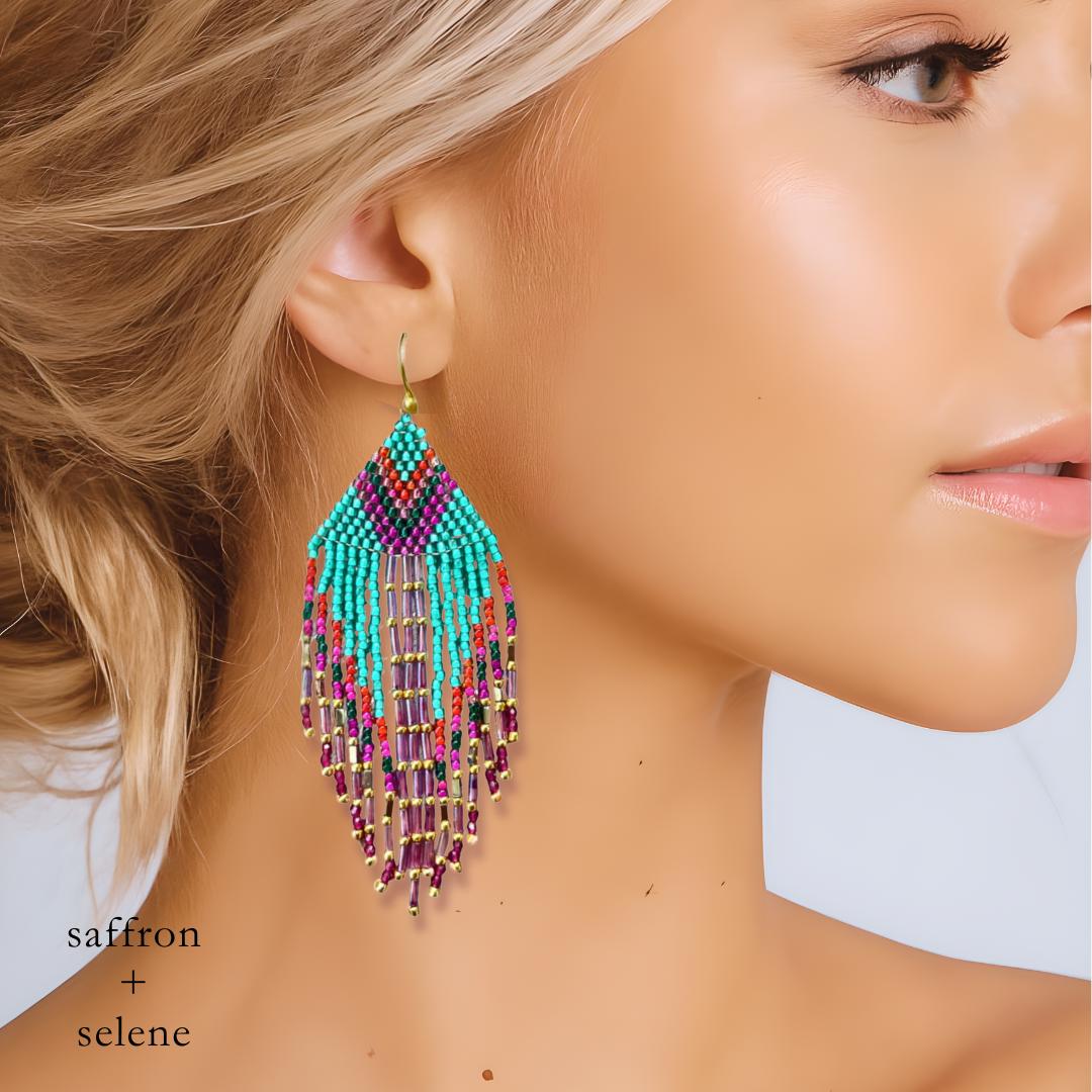 Colorful Beaded Earrings Statement Fringe Drop Boho Chic Summer Gift