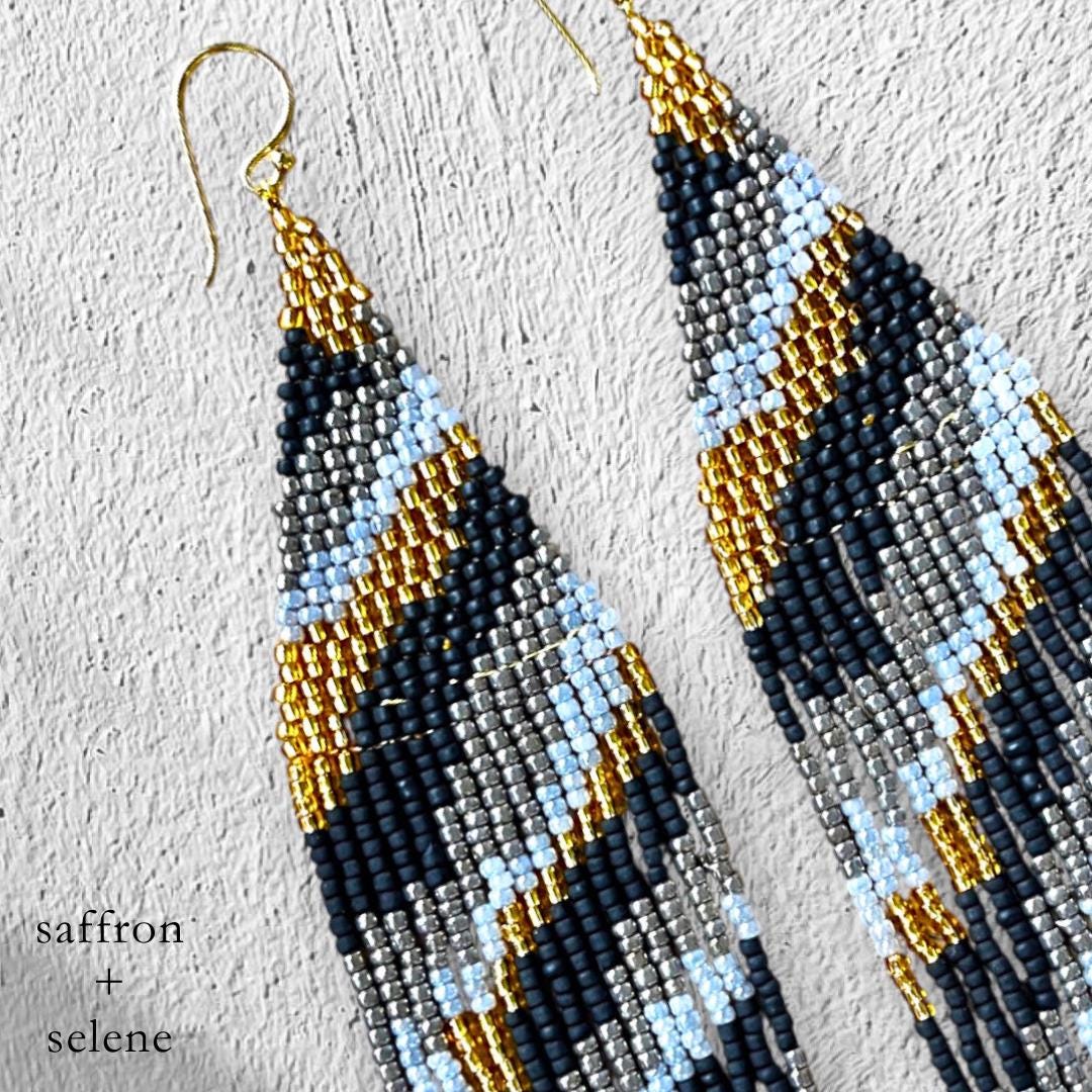Black Gold Fringe Earrings Statement Beaded Animal Print Long Dangle Gift