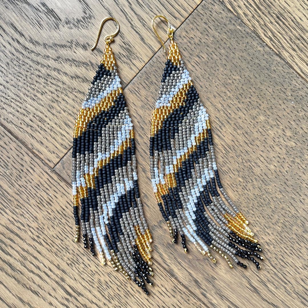 Black Gold Fringe Earrings Statement Beaded Animal Print Long Dangle Gift