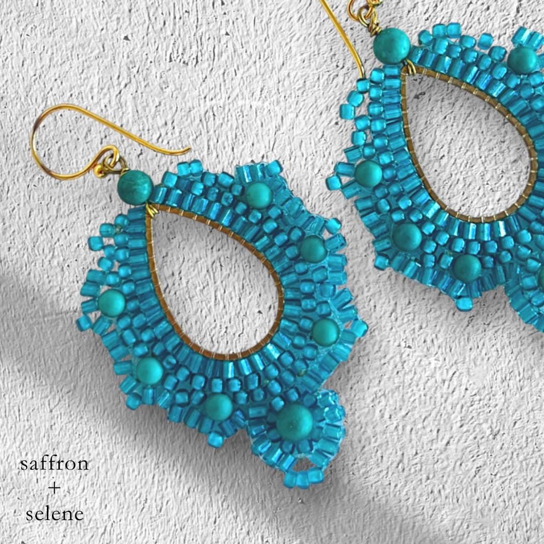 Handmade Turquoise Beaded Drop Earrings: 9k Gold-Plated Boho Jewelry