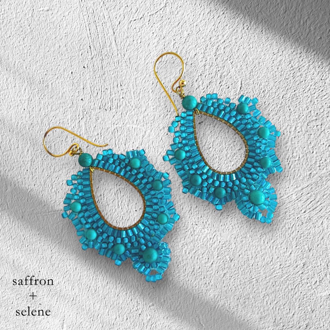 Handmade Turquoise Beaded Drop Earrings: 9k Gold-Plated Boho Jewelry