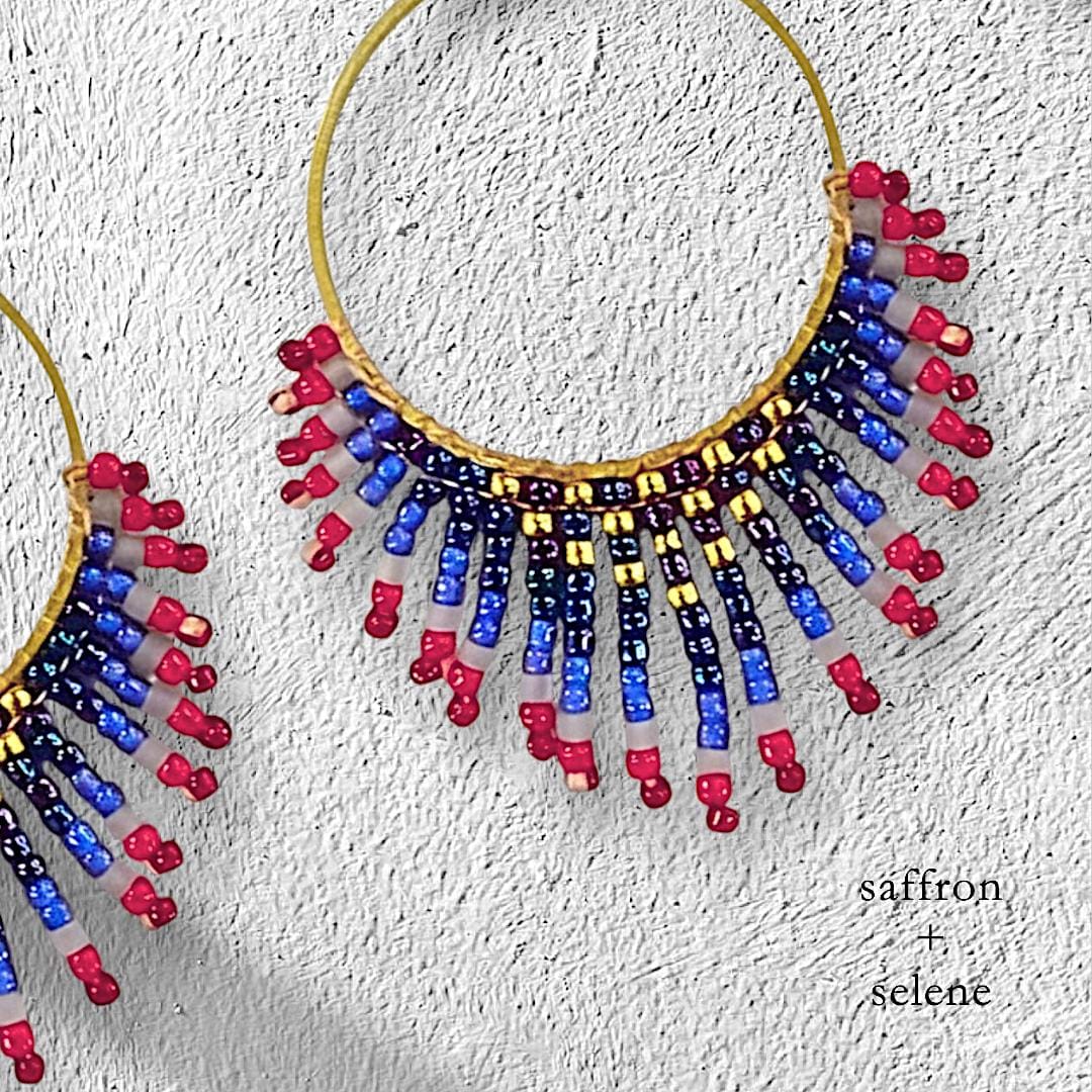 Patriotic Earrings: Red, White & Blue Flag boho fringe Gold Jewelry