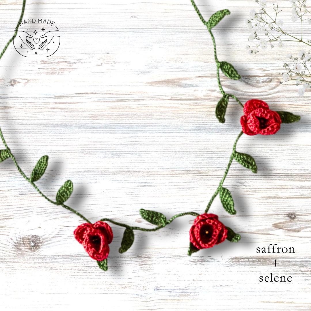 Handmade Micro Crocheted Red Rose Necklace | Unique Jewelry Gift for her