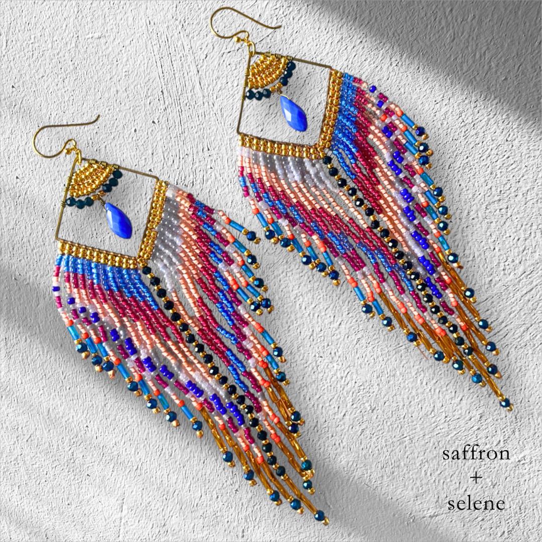 Aztec Beaded Dangle Earrings: Lapis, Coral & Gold, Boho Fringe