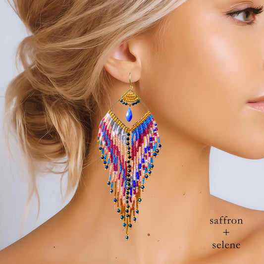 Aztec Beaded Dangle Earrings: Lapis, Coral & Gold, Boho Fringe