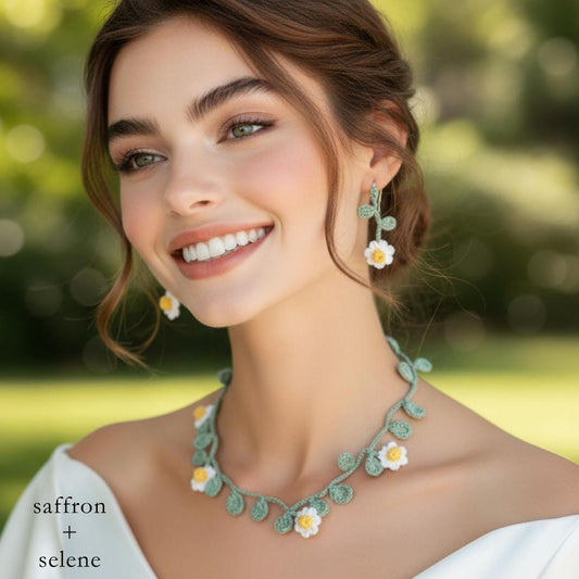 Handmade Crocheted Daisy Necklace & Earrings Set | Adjustable Tie | Unique Spring, Valentine's or Easter Gift