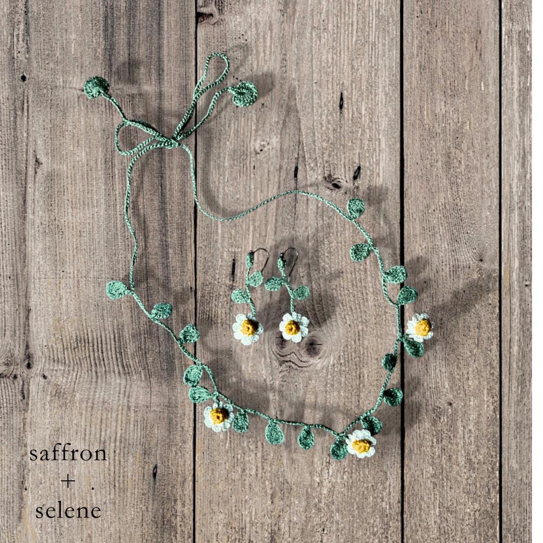 Handmade Crocheted Daisy Necklace & Earrings Set | Adjustable Tie | Unique Spring, Valentine's or Easter Gift