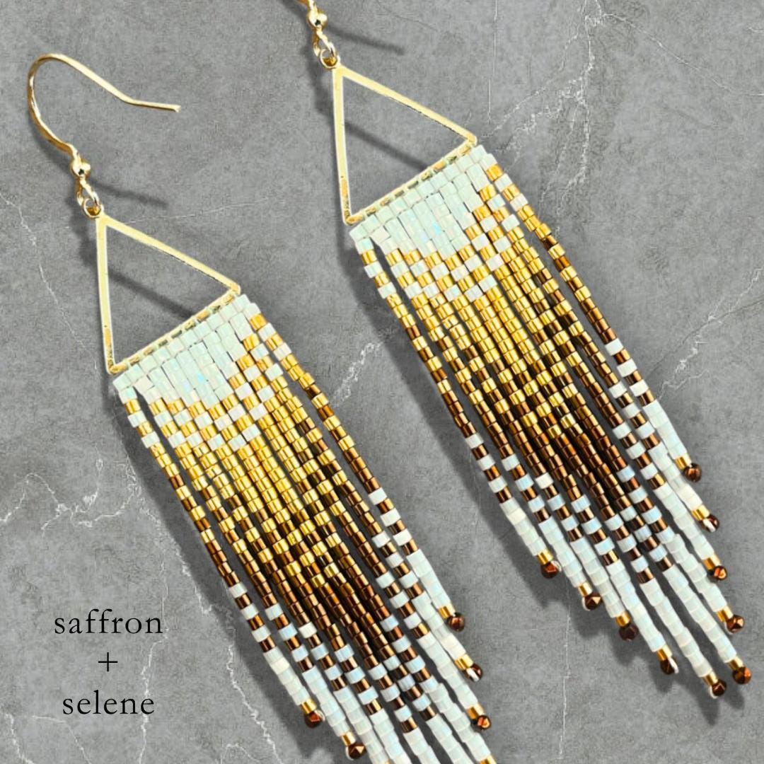 Handwoven Seed Bead Fringe Earrings – Ombre Gold, Bronze, White Statement Jewelry