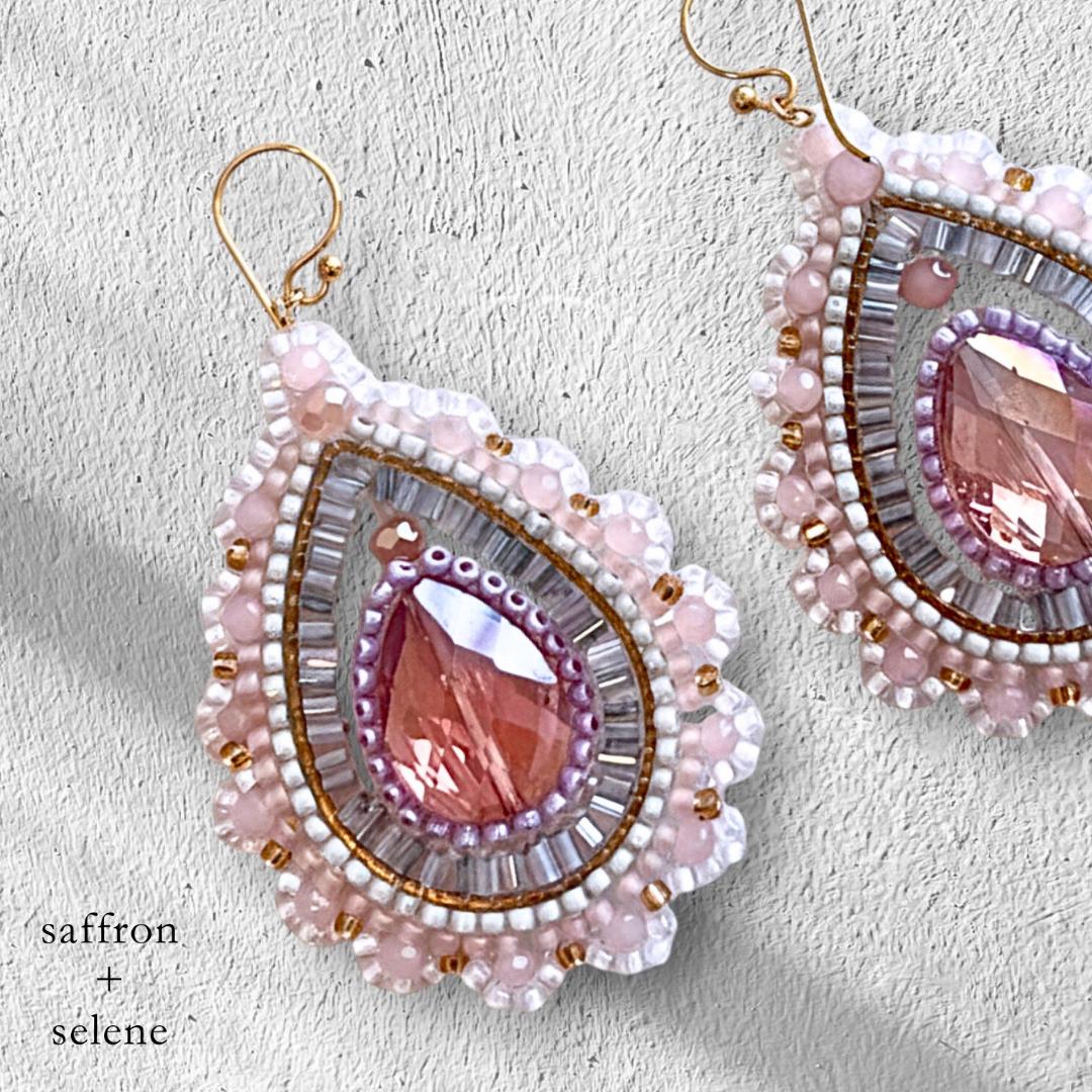 Pale Pink Crystal Teardrop Earrings: Hand Beaded Boho Dangles, jewelry gifts for her