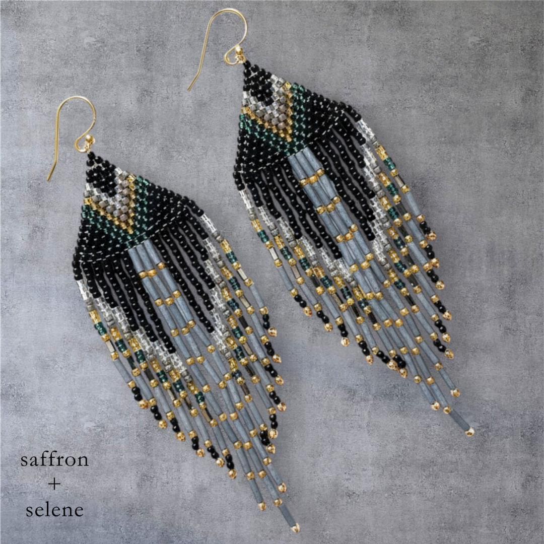 Handwoven Seed Bead Fringe Earrings – Aztec Feather Design, Boho Statement Jewelry
