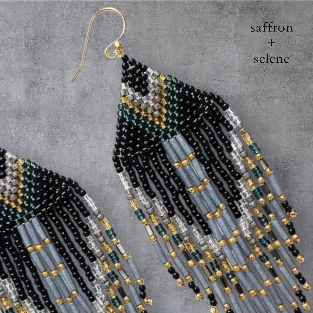 Handwoven Seed Bead Fringe Earrings – Aztec Feather Design, Boho Statement Jewelry