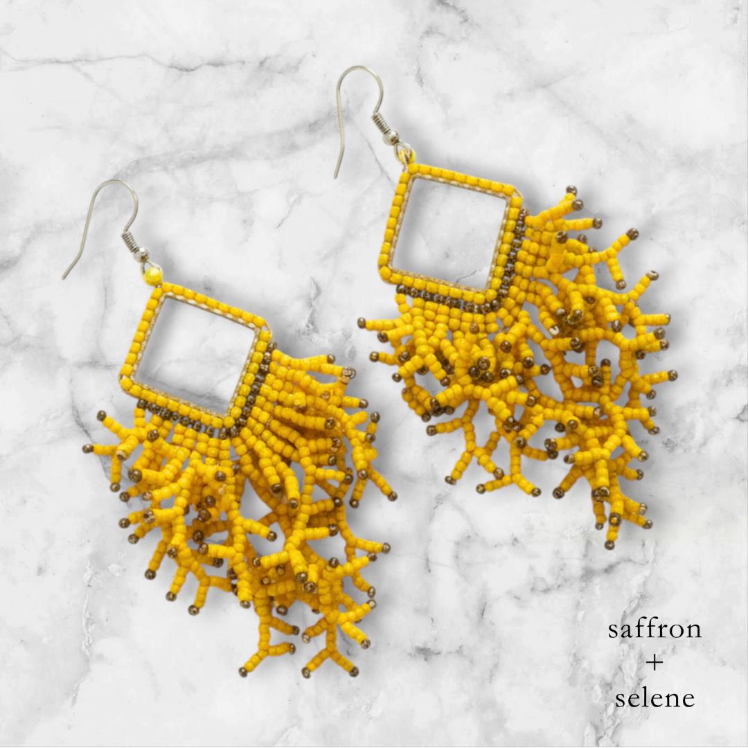 handbeaded yellow micro japanese glass beaded dangling earrings, unique jewelry gift for her
