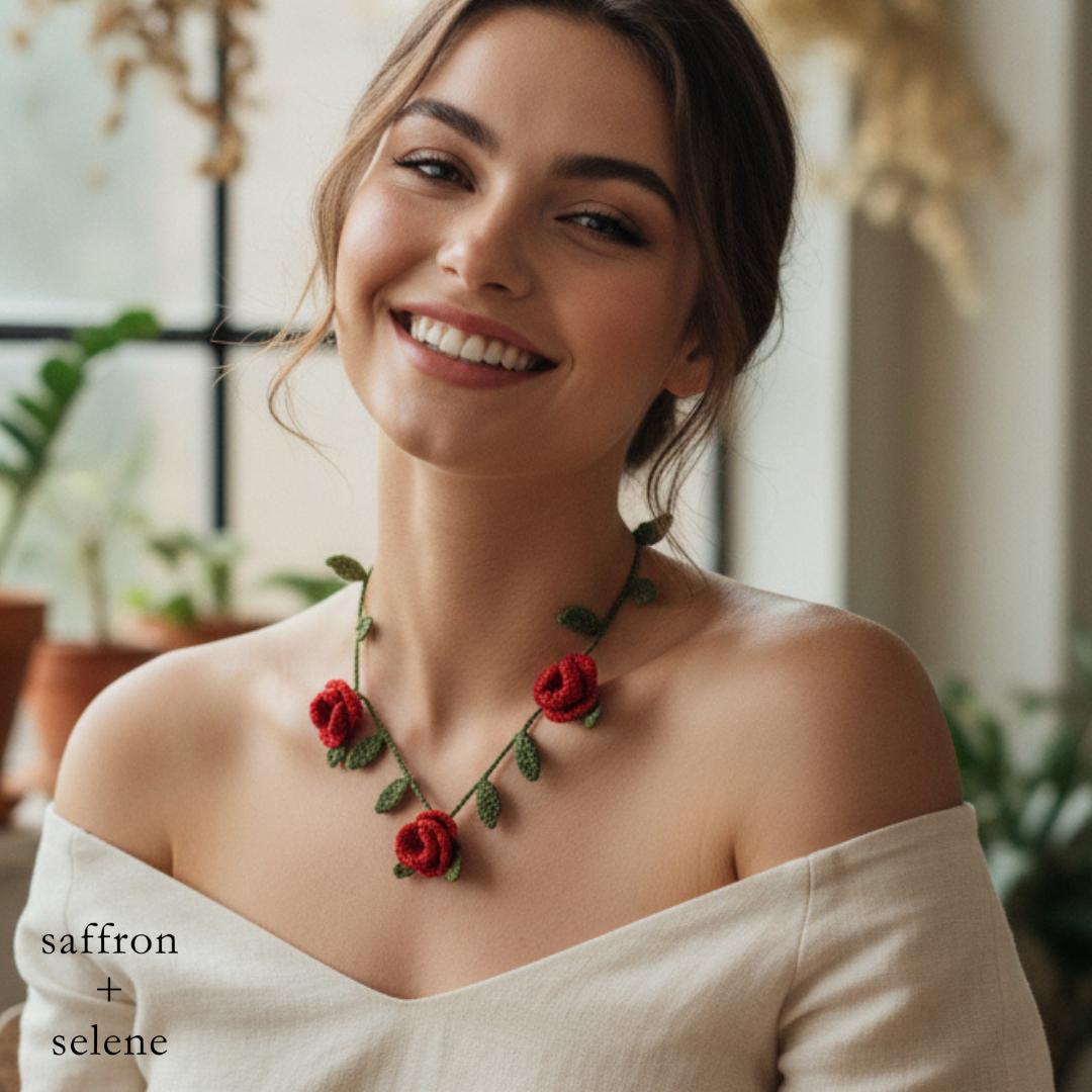 Handmade Micro Crocheted Red Rose Necklace | Unique Jewelry Gift for her