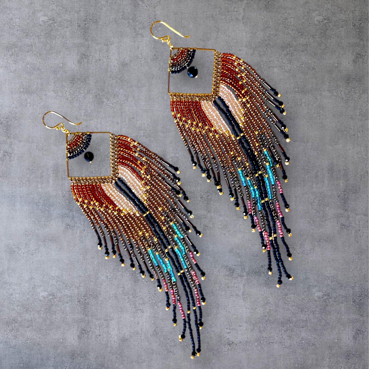 Black Gold Fringe Earrings Statement Boho Handmade Beaded Long Drop Gift for Her