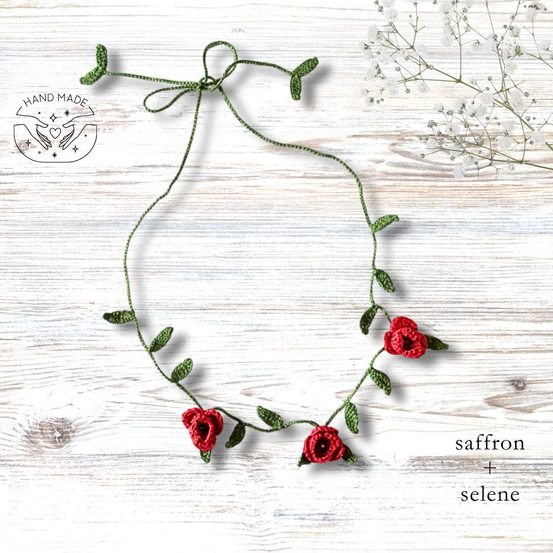 Handmade Micro Crocheted Red Rose Necklace | Unique Jewelry Gift for her