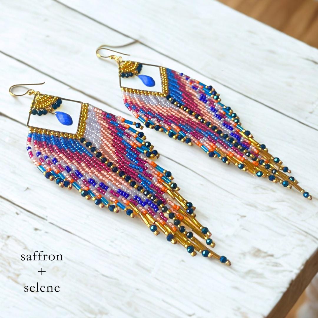 Aztec Beaded Dangle Earrings: Lapis, Coral & Gold, Boho Fringe