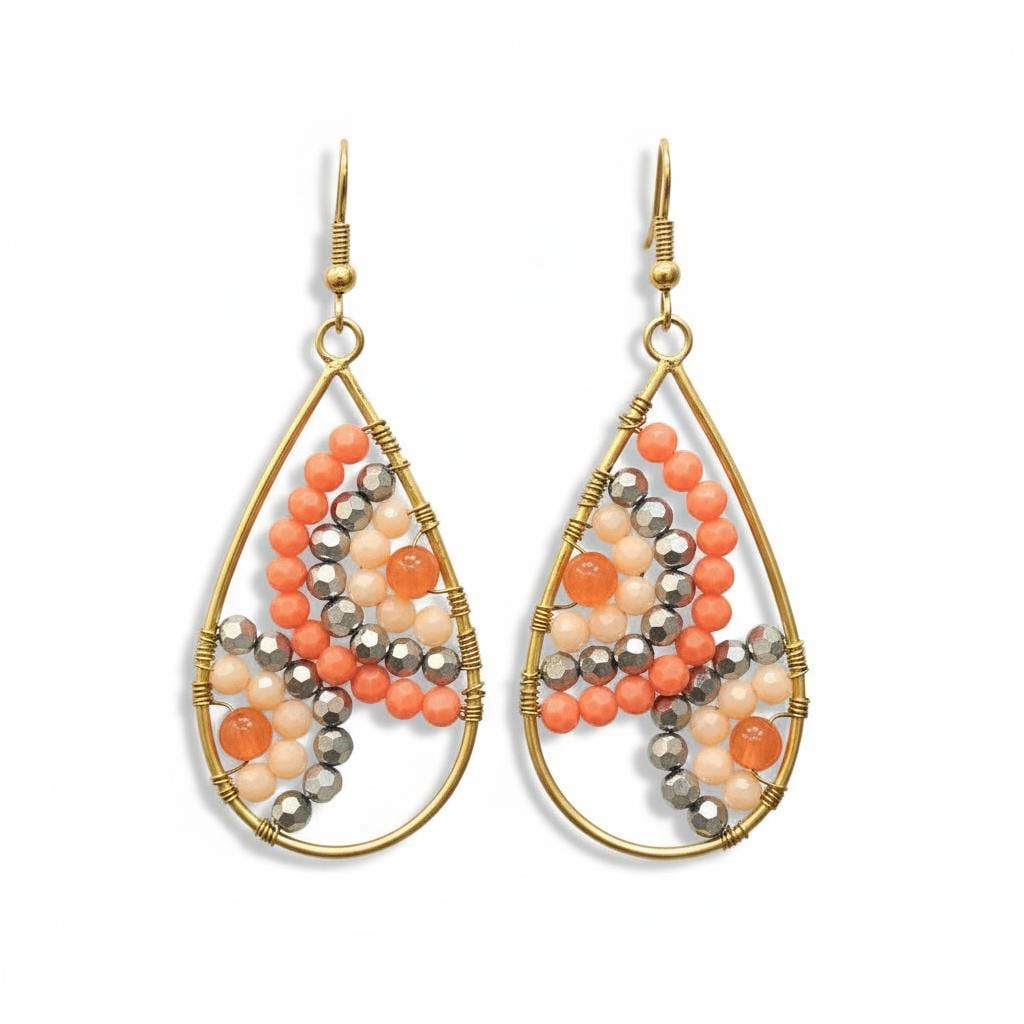 Handmade Teardrop Earrings | 9kt Gold Plated, Apricot & Silver Glass Beads