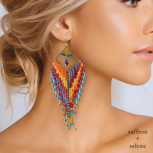 Handwoven Seed Bead Fringe Earrings – Boho Statement Drop Jewelry (13cm)