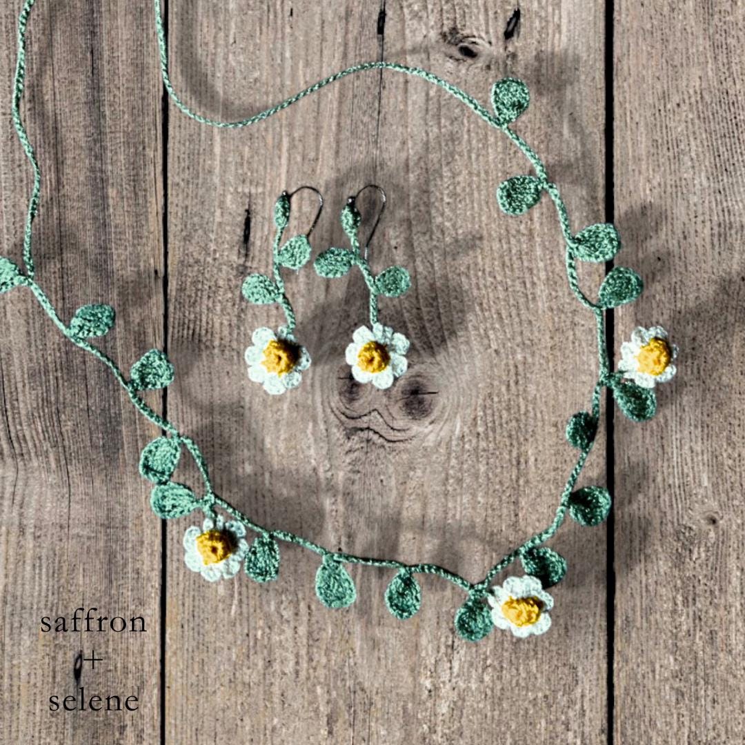 Handmade Crocheted Daisy Necklace & Earrings Set | Adjustable Tie | Unique Spring, Valentine's or Easter Gift